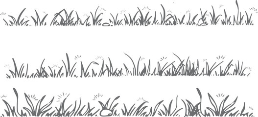 Grass doodle sketch style set. Hand drawn grass field doodle lines background. Sprout elements, grass line strokes. flowers, clover. Vector illustration.