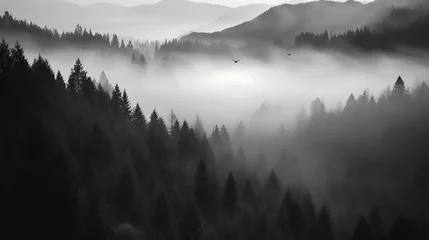 Zelfklevend Fotobehang Pine forest in the valley on a foggy morning Fresh green atmosphere. Adventure outdoor nature mist fog clouds forest trees landscape background wild explore © ImaginaryInspiration