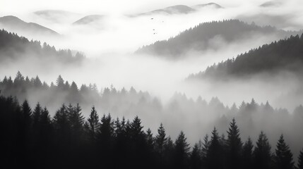 Pine forest in the valley on a foggy morning Fresh green atmosphere. Adventure outdoor nature mist fog clouds forest trees landscape background wild explore