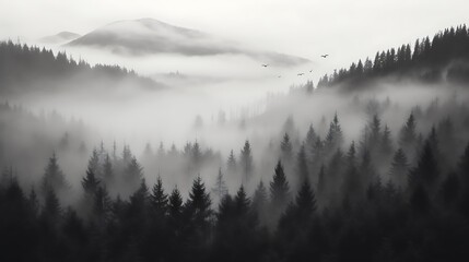 Pine forest in the valley on a foggy morning Fresh green atmosphere. Adventure outdoor nature mist fog clouds forest trees landscape background wild explore - obrazy, fototapety, plakaty