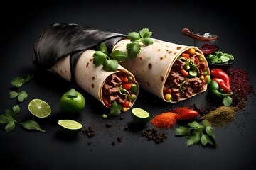 Produce an appetizing 3D-rendered image of a beef burrito cut in half to reveal its delicious...