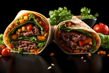 Produce an appetizing 3D-rendered image of a beef burrito cut in half to reveal its delicious filling. Emphasize the tenderness of the beef, the crispness of the vegetables, and the textures of the to - obrazy, fototapety, plakaty