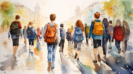 watercolor painting drawing a group of friends  school children go back to school view from the back with backpacks - obrazy, fototapety, plakaty