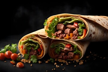 Produce an appetizing 3D-rendered image of a beef burrito cut in half to reveal its delicious filling. Emphasize the tenderness of the beef, the crispness of the vegetables, and the textures of the to - obrazy, fototapety, plakaty