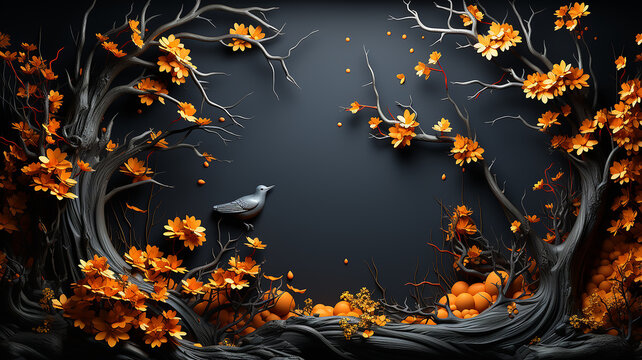 rectangular arch, frame of branches and leaves autumn theme on a dark background, presentation of a new product, stage