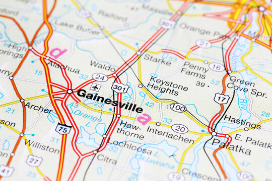 Gainesville city road map. Closeup macro view