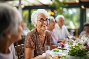 Seniors Socialize Over Lunch in Nursing Home Dining Area.