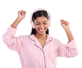 Smile, dance and woman in pajamas, headphones and happiness isolated on a transparent background. Person, joyful and happy girl with headset, waking up and energy with sounds, streaming music and png