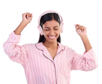 Smile, dance and woman in pajamas, headphones and happiness isolated on a transparent background. Person, joyful and happy girl with headset, waking up and energy with sounds, streaming music and png