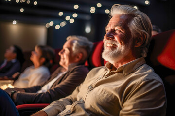 Seniors watching movie in the cinema. - obrazy, fototapety, plakaty