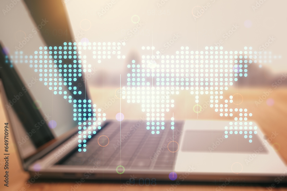 Aufkleber double exposure of abstract digital world map on computer background, big data and blockchain concep