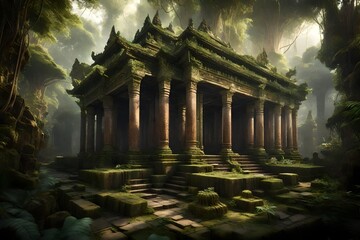 Generate a 3D-rendered image of an ancient temple hidden within the Southeast Asian jungle during a humid August day. Showcase the temple's intricate architecture amidst the overgrown vegetation. Add  - obrazy, fototapety, plakaty