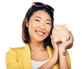 Finance, investing or portrait of Asian woman with piggy bank for financial wealth growth or savings increase. Smile, income or happy girl holding budget tin isolated on transparent PNG background