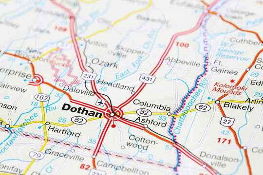 Dothan, United States - September 29, 2023: Dothan city road map. Closeup macro view