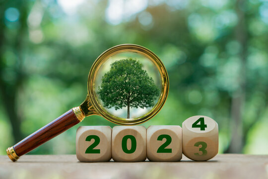 2023 New Year concept.Wooden block 2023 flip to 2024 with tree in magnifying glass.Sustainable environment development goals.SDGs, ESG, NetZero, and co2 concept