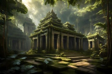 Generate a 3D-rendered image of an ancient temple hidden within the Southeast Asian jungle during a humid August day. Showcase the temple's intricate architecture amidst the overgrown vegetation. Add  - obrazy, fototapety, plakaty