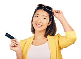 Fashion, credit card and portrait of woman in studio with sunglasses on isolated, transparent and png background. Sunglasses, sale and face of female customer with retail deal, discount or commerce