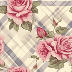 Tartan seamless pattern background in pink with roses. Check plaid textured graphic design. Checkered fabric modern fashion print. New Classics: Menswear Inspired concept.