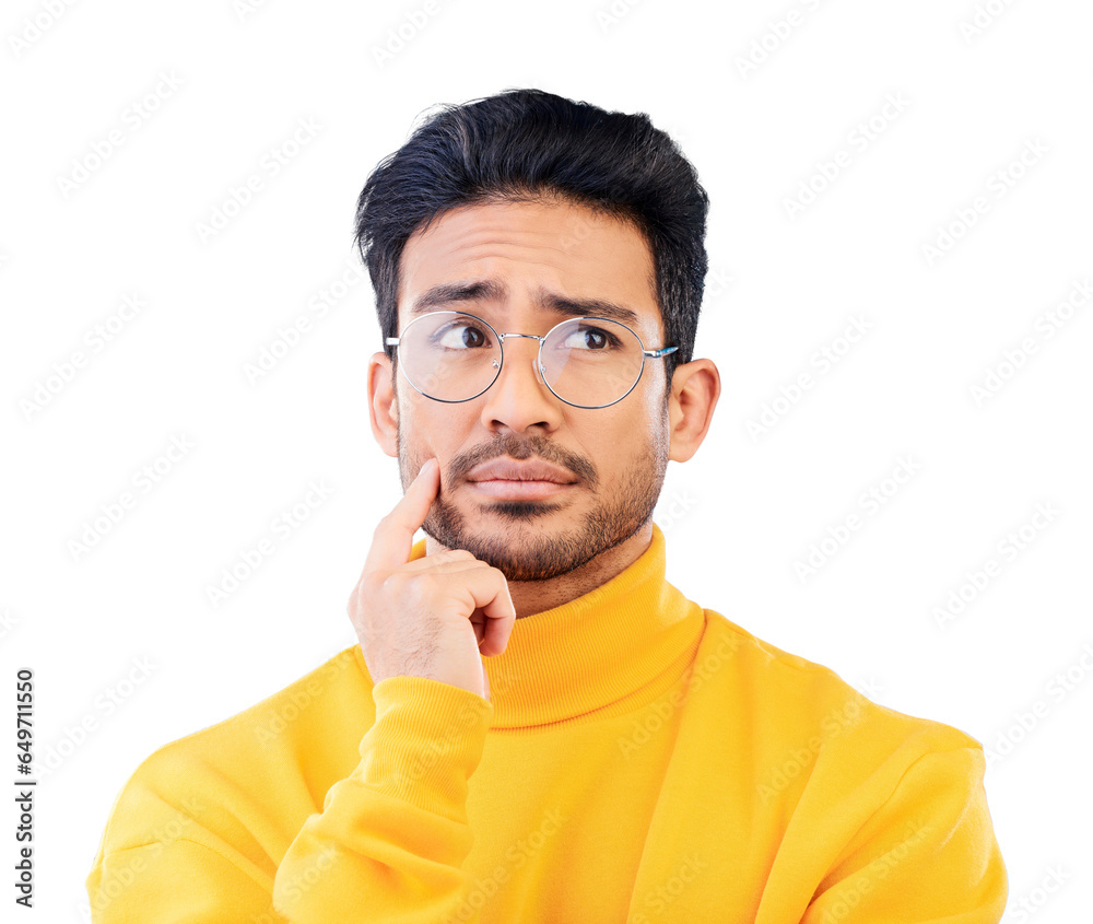 Aufkleber thinking, why and man confused with a question, faq or decision for problem solving on isolated, tra