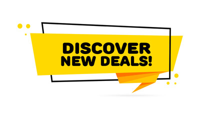 Discover new deals. Flat, yellow, offers sign, discover new deals. Vector icon