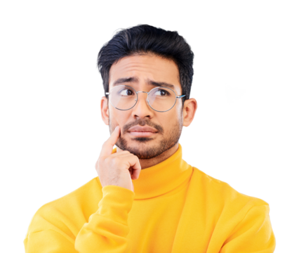 Thinking, why and man confused with a question, faq or decision for problem solving on isolated, transparent or png background. Person, remember and unsure about memory, ideas or solution to mistake - Powered by Adobe