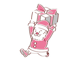 プレゼントを掲げて走るサンタクロースのイラスト
