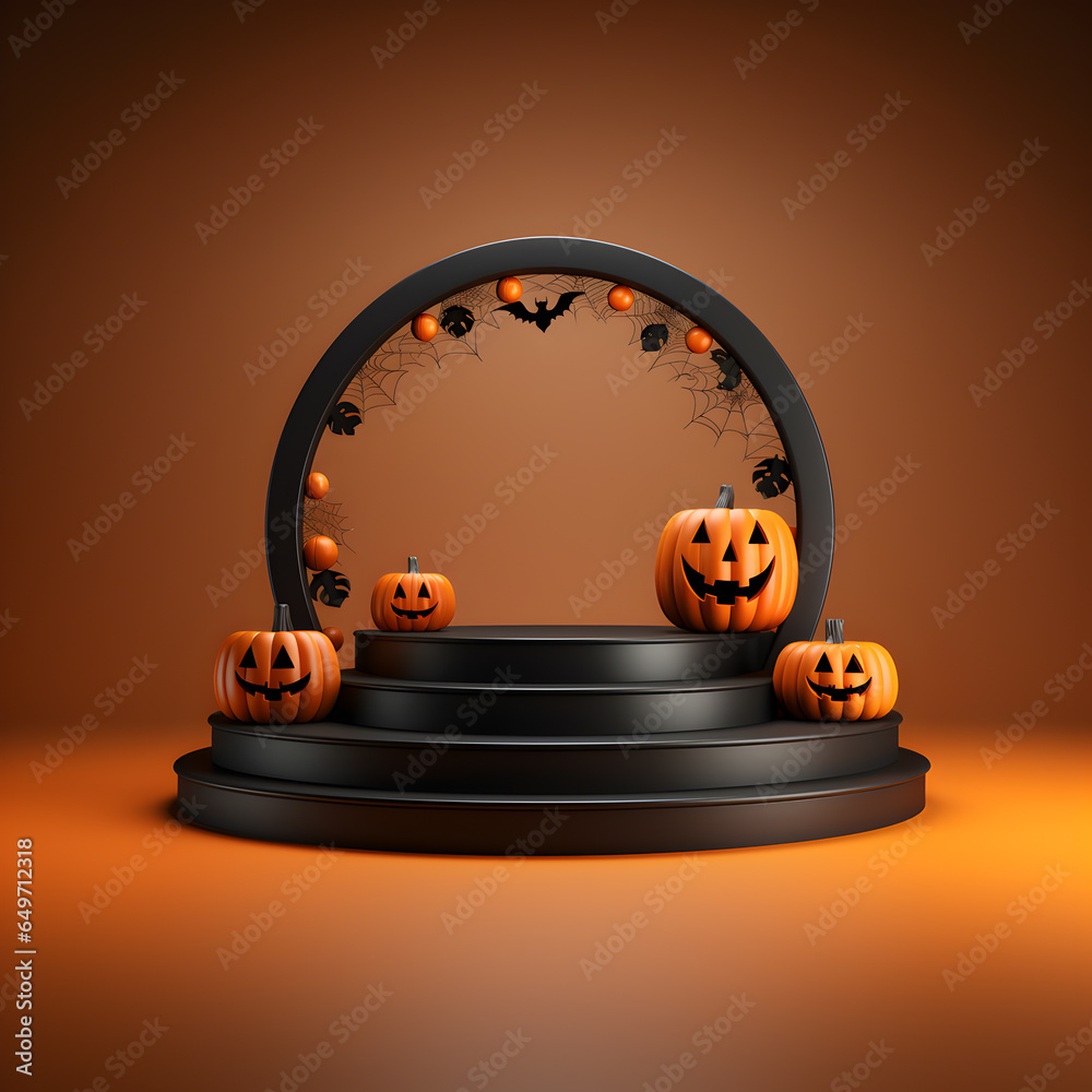 Wall mural Round podium and pedestal for display product presentation in Halloween day theme background with pumpkins, bats and round Frame 3d render, Generative AI