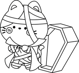 a vector of a vampire cat and a coffin in black and white coloring