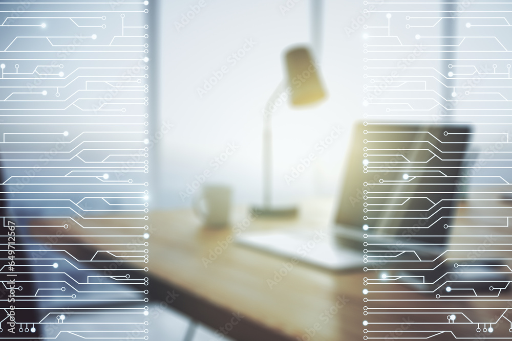 Aufkleber Creative abstract micro chip hologram on modern computer background, artificial intelligence and machine learning concept. Multi exposure