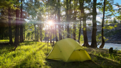 Beautiful tent on the river bank at dawn, camping in nature. Stylization of the image using oil...