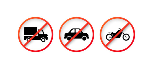 Driving is prohibited. Silhouette, black, red prohibitory stripe, driving a car or motorcycle is prohibited. Vector icons
