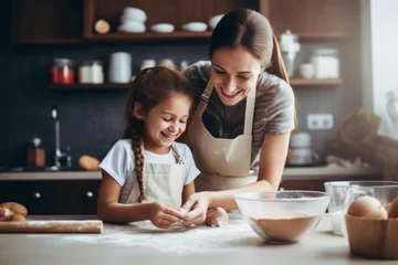 Papier Peint photo Lavable Pain mom and child enjoy love relation cudding hobby moment in kitchen sunday morning at hime mother and daughter helping prepare breakfast for her mom in kitchen at home