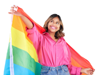 Lgbtq, flag and woman with pride happy on isolated, png and transparent background. Fashion, rainbow and person with symbol for queer, gay and lesbian community for solidarity, inclusion and love