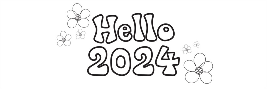 Happy new year and hello 2024 hand drawn line art. Holiday concept, festive lettering. New year handwriting text, sketch style, minimalist design. Editable stroke. Isolated. Vector illustration