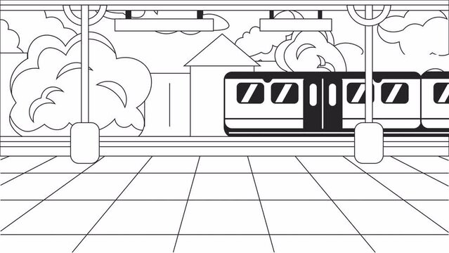 Train passing by platform station bw outline cartoon animation. Rushing past 4K video motion graphic. Rapid transit 2D monochrome linear animated background full frame, kawaii lofi live wallpaper