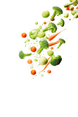 Levitating vegetables on an isolated white background.