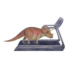 Triceratops on the treadmill. Dinosaur athlete. Watercolor illustration isolated on a white background. Hand drawn