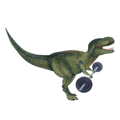 Tirannosaurus with a barbell. Dinosaur athlete. Watercolor illustration isolated on a white background. Hand drawn