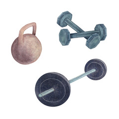 Dumbbells, barbell, kettlebell. Watercolor illustration on a white background. Hand drawn. For postcards