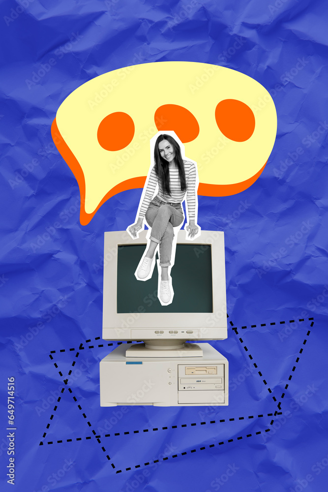 Aufkleber magazine collage of young lady sit on huge retro monitor computer user messenger notification chat a
