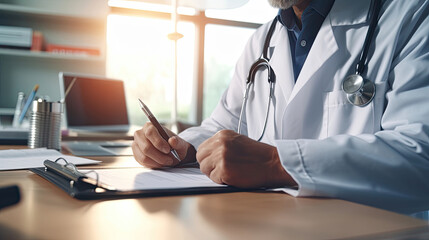 Obraz premium Close up hand of doctor is a man and takes notes on a tablet in his office and writes a prescription to his patient, makes a diagnosis. Medical concept. Generative Ai