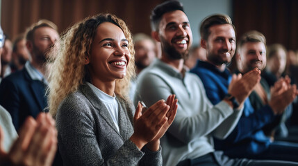 Group of young people applauding while sitting in a conference room at the seminar. Generative Ai