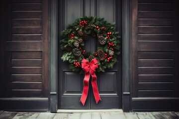 Fototapeta na wymiar Christmas wreath with red ribbon handing on classic door front