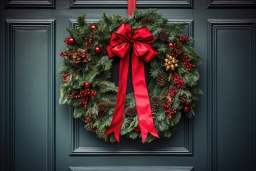 Fototapeta na wymiar Christmas wreath with red ribbon handing on classic door front