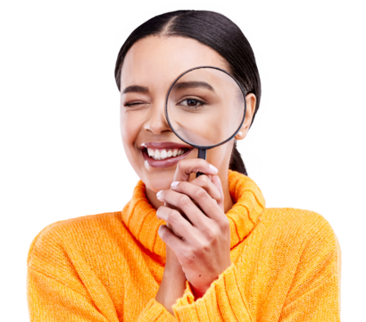 Woman, magnifying glass and study portrait and with smile from search closeup for investigation. Detective, happy and research with lens for inspection check isolated on transparent, png background