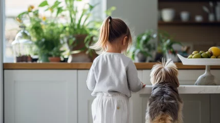 Gordijnen young child girl stay home with her animal dog best friend pet she is standing with dog waiting for her daddy come home form work happiness lifestyle at home © VERTEX SPACE