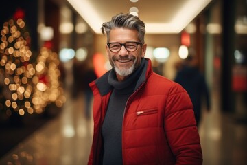 Middle aged smiling handsome man in rad jacket smiling looking at the camera in the shopping mall - obrazy, fototapety, plakaty