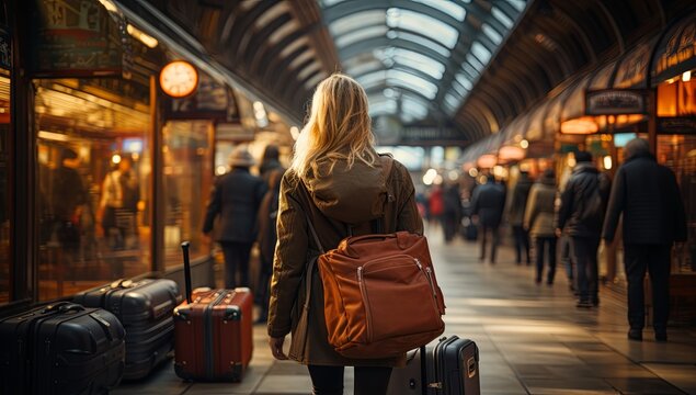 rear view of solo traveller female woman backpack voyage ready to travel by trian railroad vehicle transport she waiting for train schedule at platform train station
