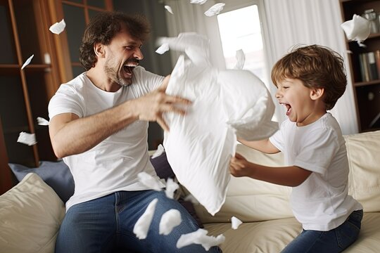 family relation concept dad and son playing pillow fight laught smile fun enjoy cudding together throw white soft pillow in living room at home