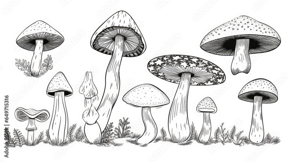 Wall mural set of black mushrooms. outline with white transparent background. sketch illustration. design for c